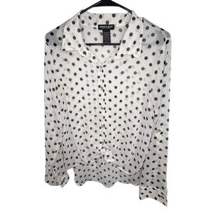 About A Girl Sheer Black And White Polkadot Long Sleeve Button Up Blouse